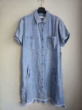 Billy T NWT Shirtdress Soft Denim  Linen Lyocell Short Sleeve Frayed Hem  XS